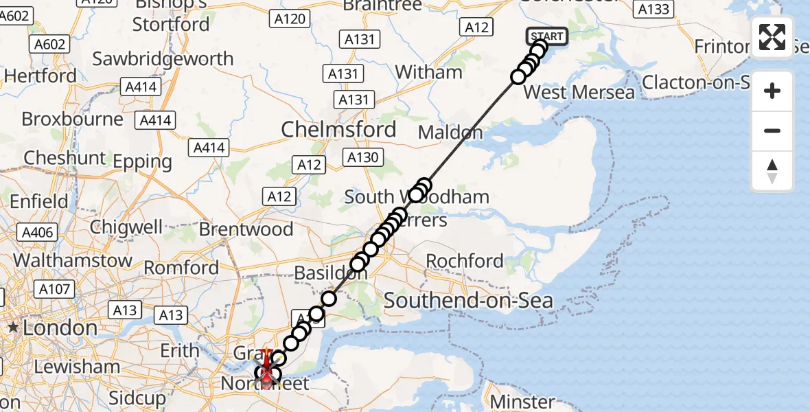 Flight route Air Ambulance Helicopter Layer-de-la-Haye - Tilbury, 13 October 2026, 10:01
