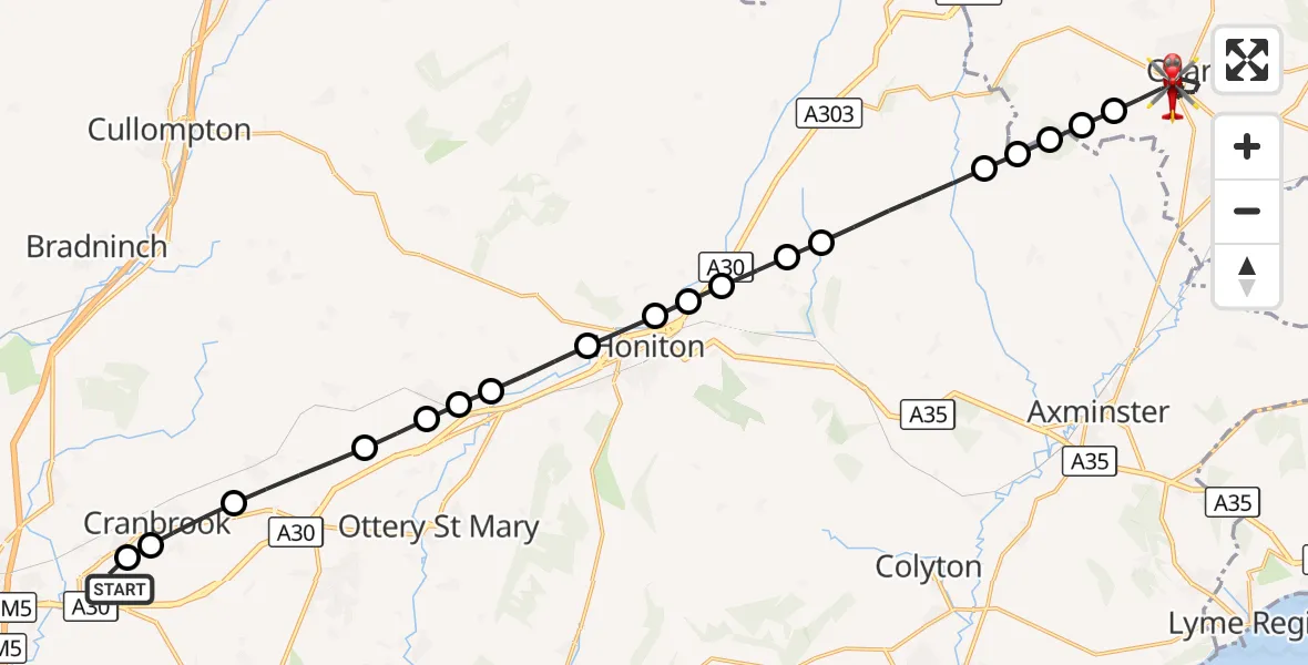 Flight route Air Ambulance Helicopter Exeter International Airport - Chard, 13 October 2026, 10:02
