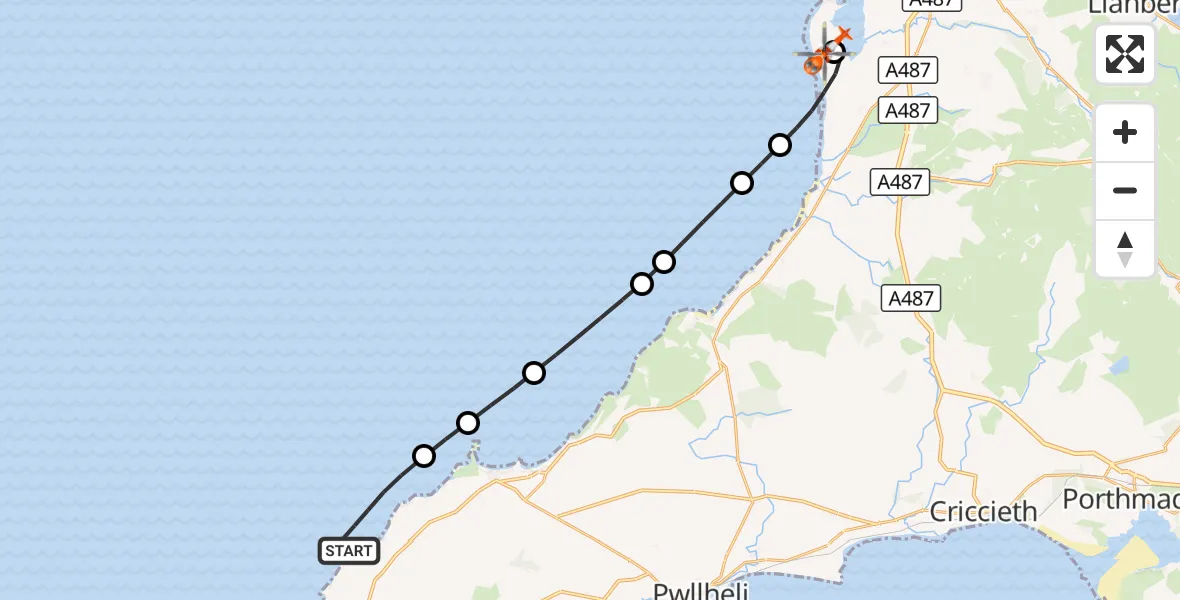 Flight route Coastguard Helicopter Tudweiliog - Caernarfon Airport, 13 October 2026, 10:17