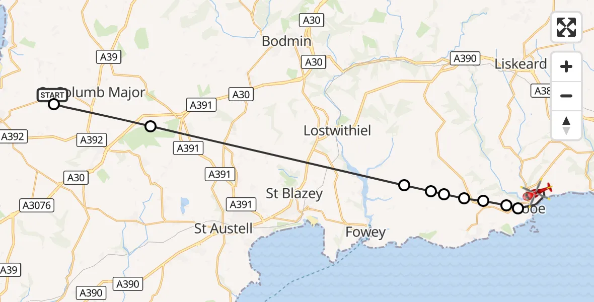 Flight route Air Ambulance Helicopter Cornwall Airport Newquay - Looe, 13 October 2026, 10:55
