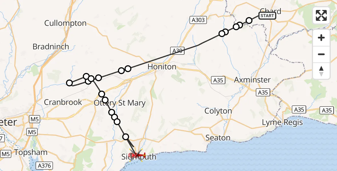 Flight route Air Ambulance Helicopter Chard - Sidmouth, 13 October 2026, 10:56