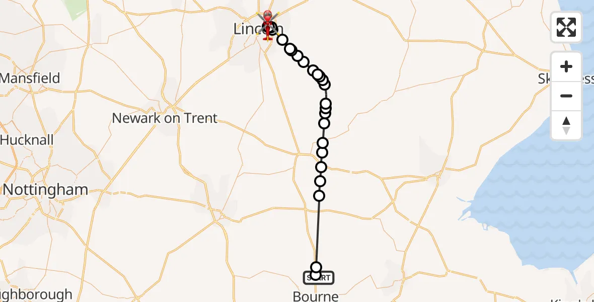 Flight route Air Ambulance Helicopter Morton - Lincoln, 13 October 2026, 11:00