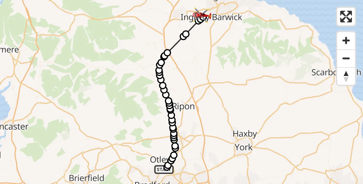 Flight route Air Ambulance Helicopter Leeds Bradford Airport - Egglescliffe, 13 October 2026, 11:12