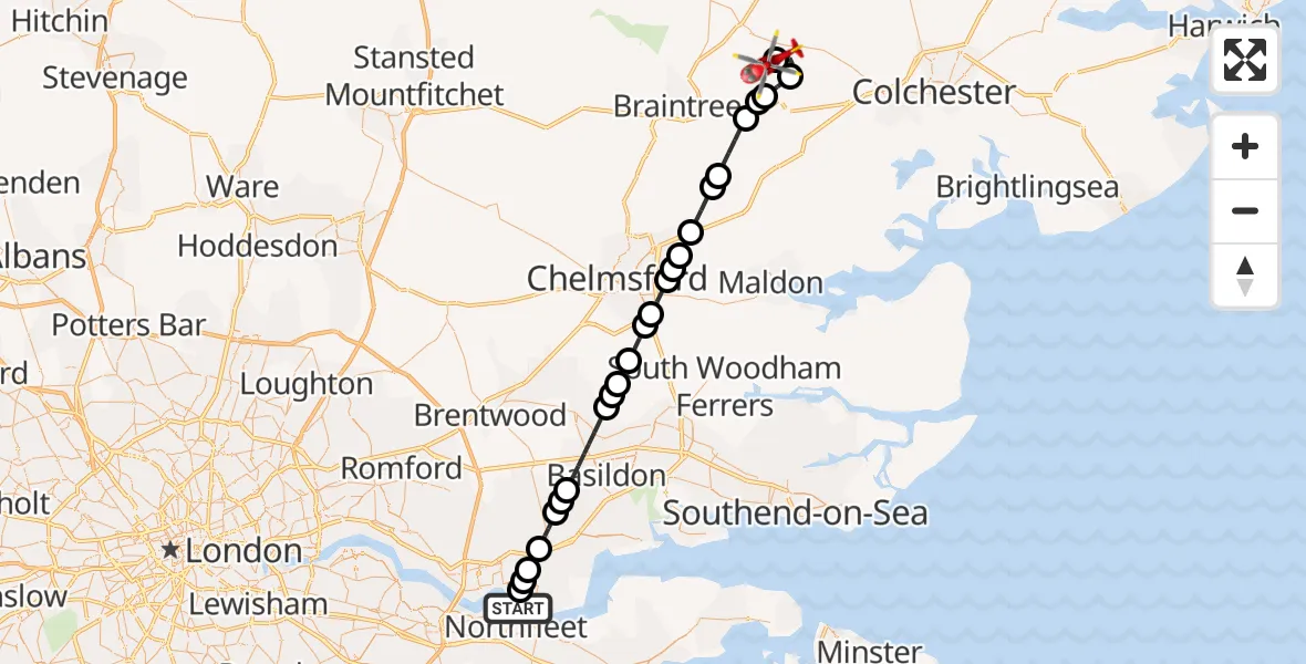 Flight route Air Ambulance Helicopter Tilbury - Earls Colne Airfield, 13 October 2026, 11:14