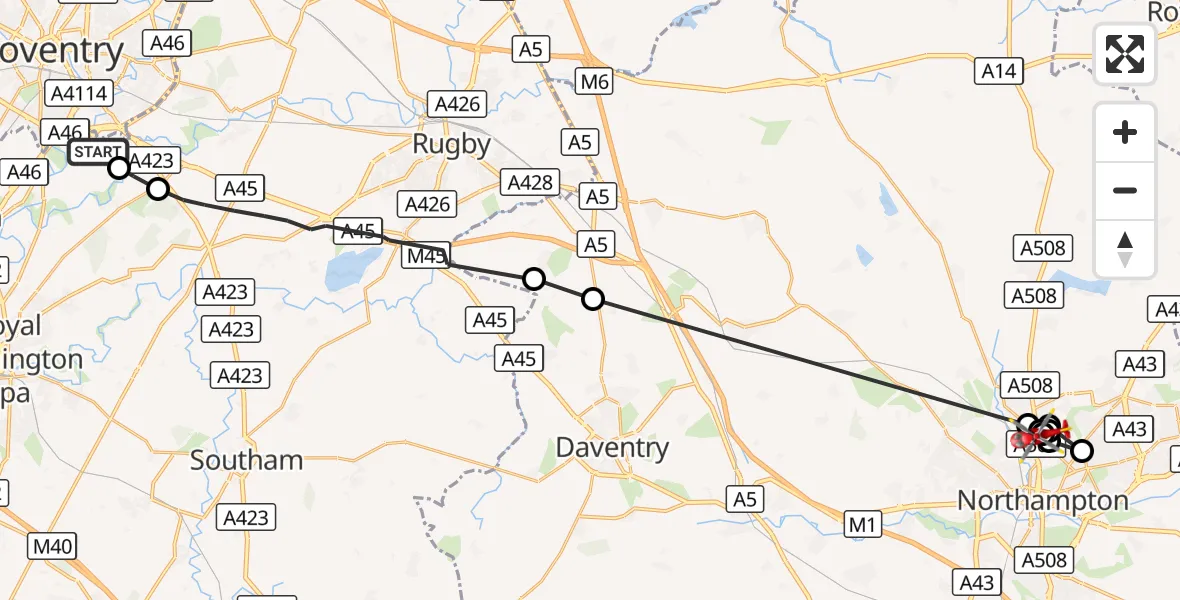 Flight route Air Ambulance Helicopter Coventry Airport - Northampton, 13 October 2026, 11:16