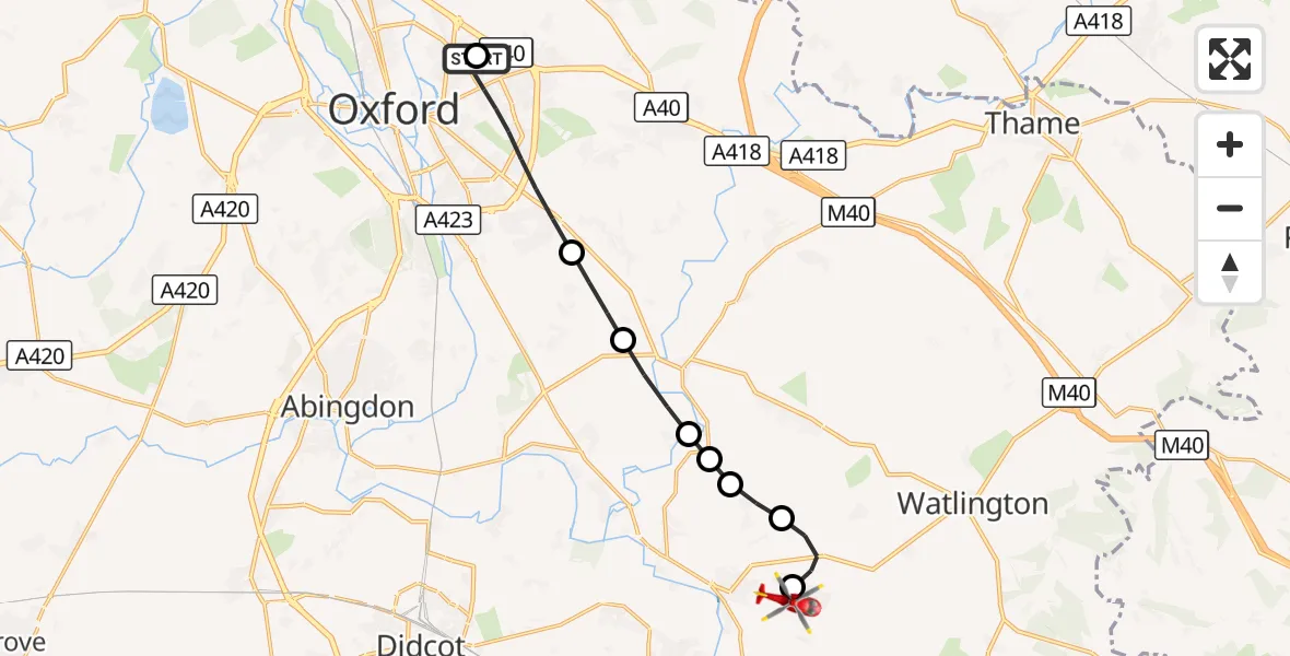 Flight route Air Ambulance Helicopter John Radcliffe Hospital - RAF Benson, 13 October 2026, 11:24