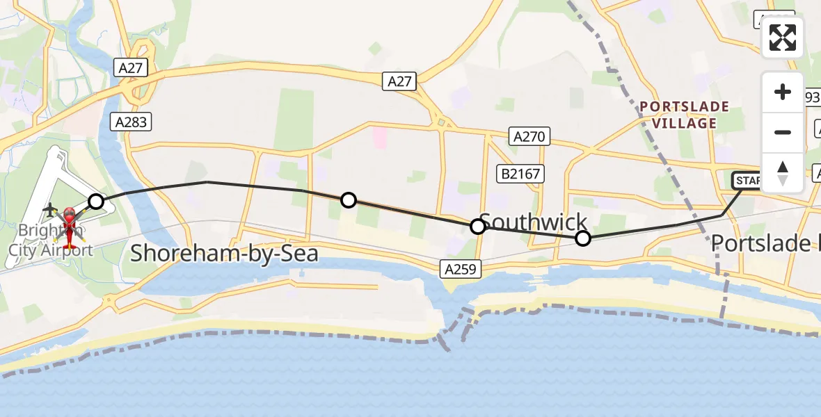 Flight route Air Ambulance Helicopter Portslade by Sea - Brighton City Airport, 13 October 2026, 11:29