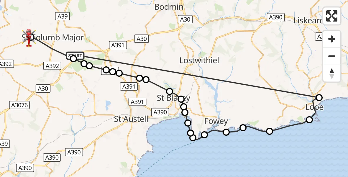Flight route Air Ambulance Helicopter St. Columb Major - Cornwall Airport Newquay, 13 October 2026, 11:30