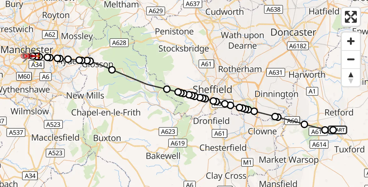 Flight route Air Ambulance Helicopter Retford Gamston Airport - Ardwick, 13 October 2026, 11:30
