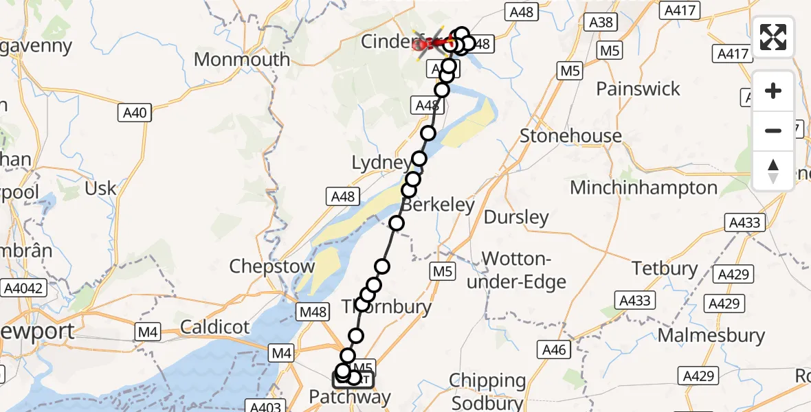 Flight route Air Ambulance Helicopter Almondsbury - Popes Hill, 13 October 2026, 11:32