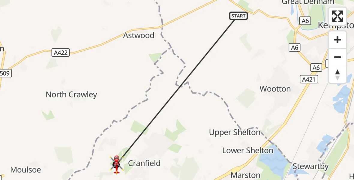 Flight route Air Ambulance Helicopter Stagsden - Cranfield Airport, 13 October 2026, 11:40