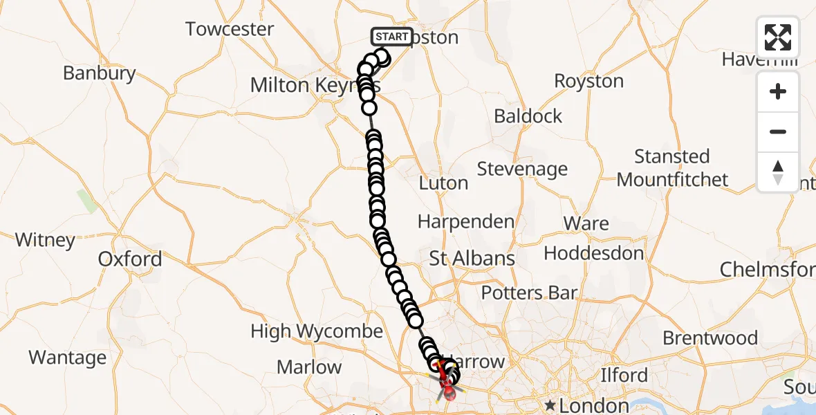 Flight route Air Ambulance Helicopter Stagsden - RAF Northolt, 13 October 2026, 11:46