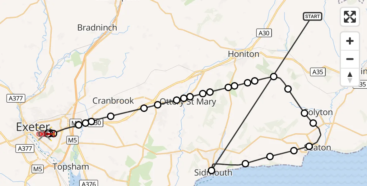 Flight route Air Ambulance Helicopter Stockland - Royal Devon & Exeter Hospital, 13 October 2026, 11:49