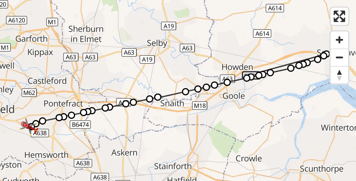 Flight route Air Ambulance Helicopter Balkholme - YAA Nostell Helicopter Port, 13 October 2026, 12:03
