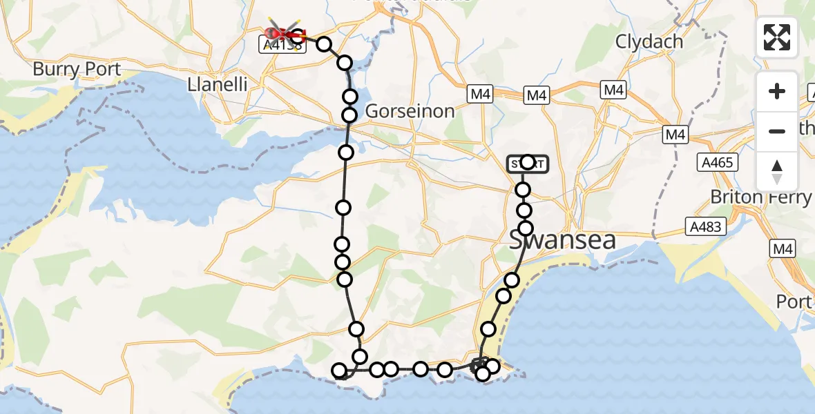 Flight route Air Ambulance Helicopter Caereithin - Dafen, 13 October 2026, 12:31