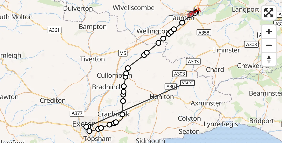 Flight route Air Ambulance Helicopter Stockland - Monkton Heathfield, 13 October 2026, 12:34