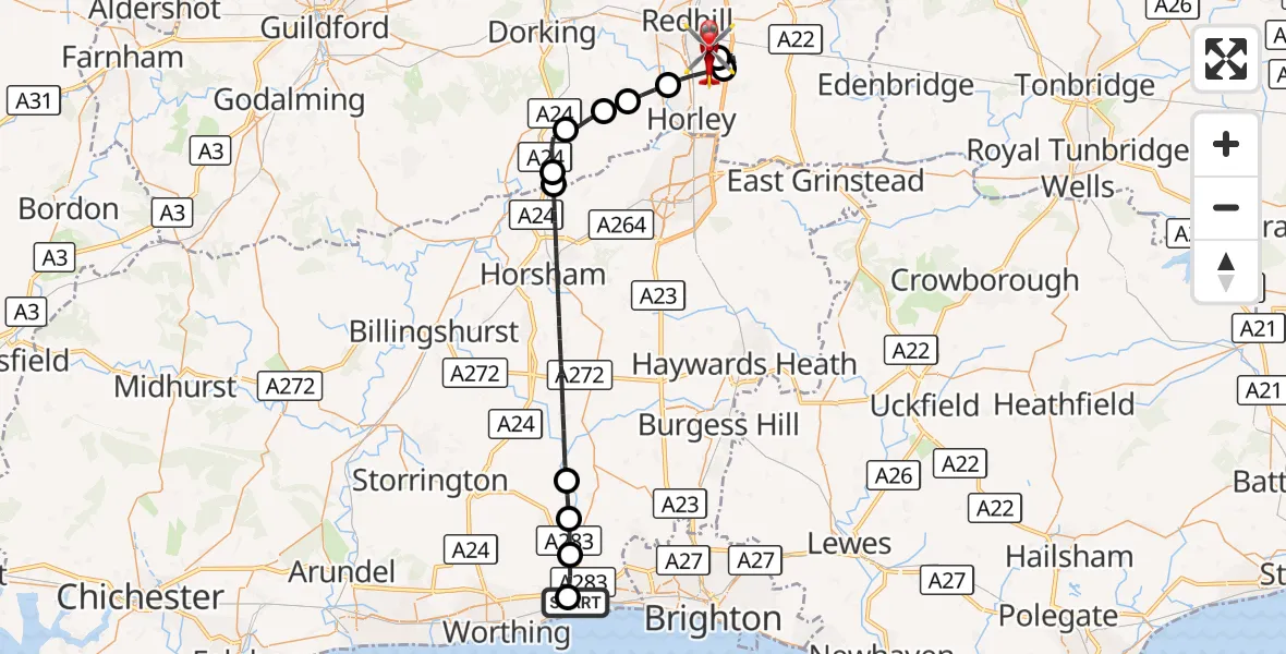 Flight route Air Ambulance Helicopter Brighton City Airport - Redhill Aerodrome, 13 October 2026, 12:39