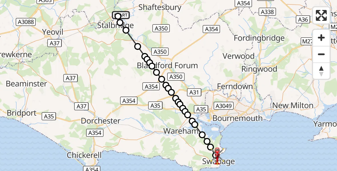 Flight route Air Ambulance Helicopter Henstridge Airfield - Swanage, 13 October 2026, 12:39