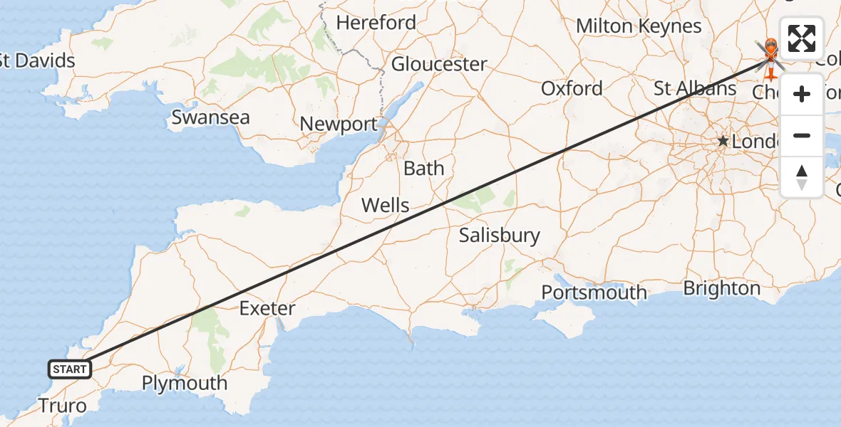 Flight route Coastguard Helicopter Cornwall Airport Newquay - London Stansted Airport, 13 October 2026, 12:40