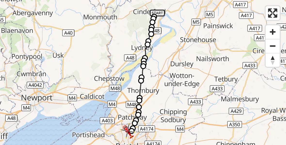 Flight route Air Ambulance Helicopter Popes Hill - Bristol, 13 October 2026, 12:46