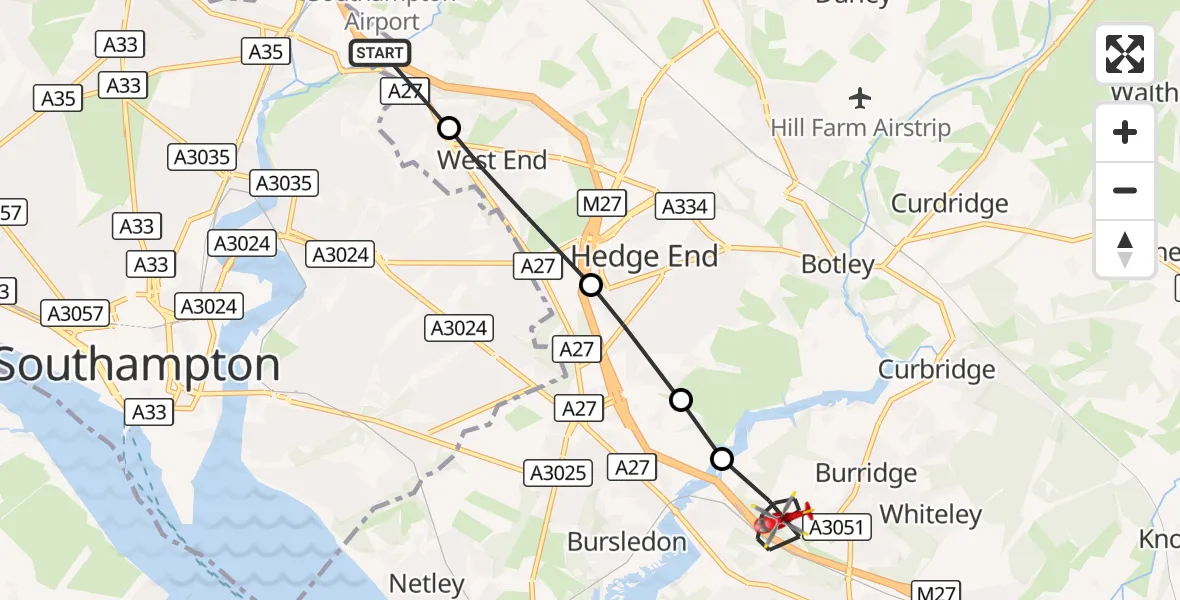 Flight route Air Ambulance Helicopter Southampton Airport - Fareham, 13 October 2026, 12:48