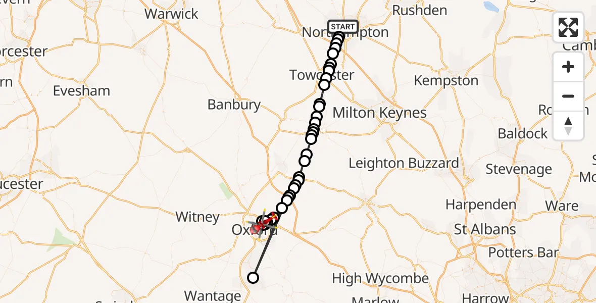 Flight route Air Ambulance Helicopter Northampton - Oxford, 13 October 2026, 12:49
