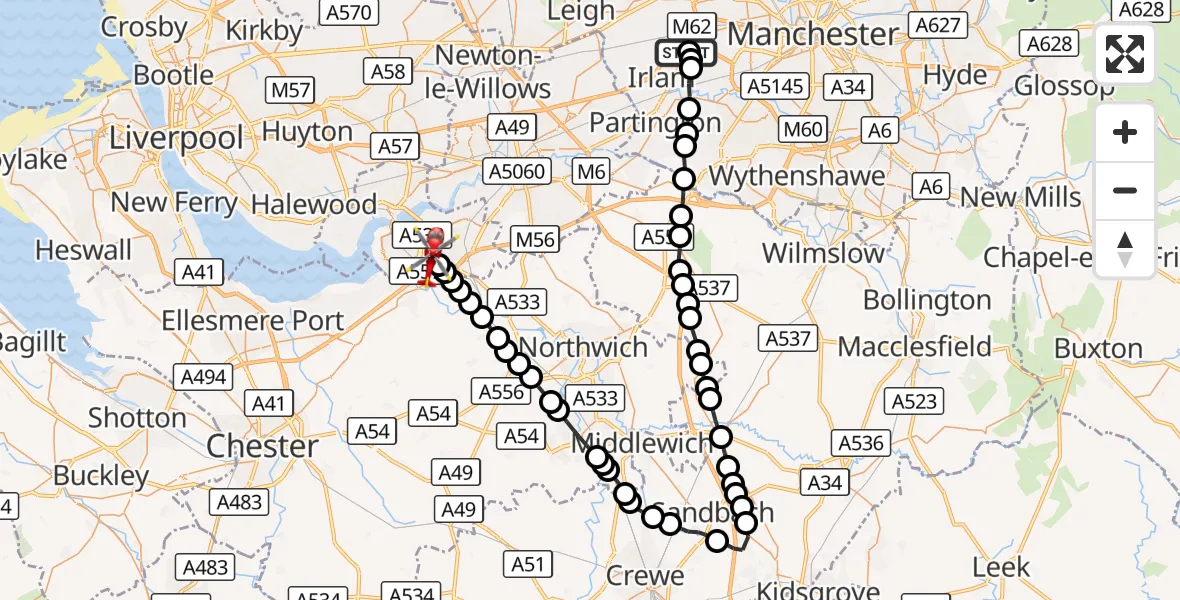 Flight route Air Ambulance Helicopter Manchester Barton Aerodrome - Runcorn, 13 October 2026, 12:55