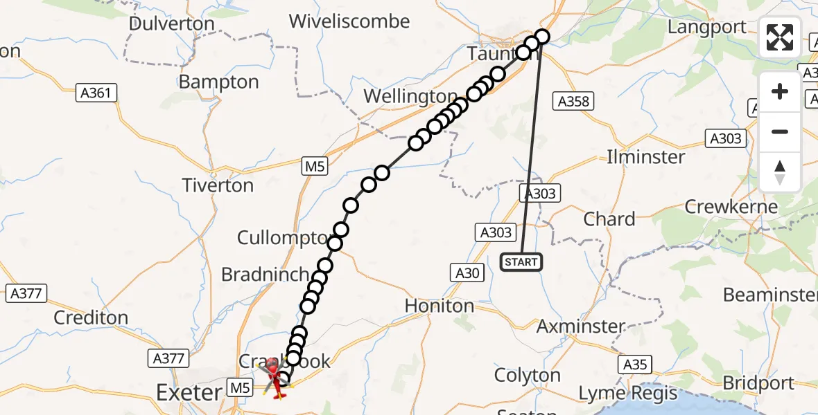 Flight route Air Ambulance Helicopter Stockland - Exeter International Airport, 13 October 2026, 12:55