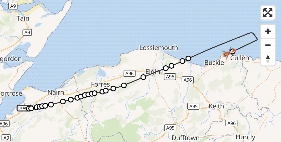 Flight route Coastguard Helicopter Inverness Airport - Findochty, 13 October 2026, 13:02