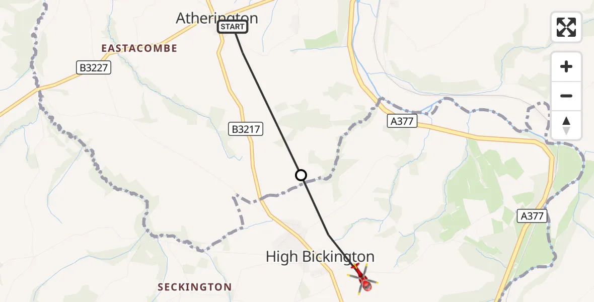 Flight route Air Ambulance Helicopter Atherington - High Bickington, 13 October 2026, 13:03