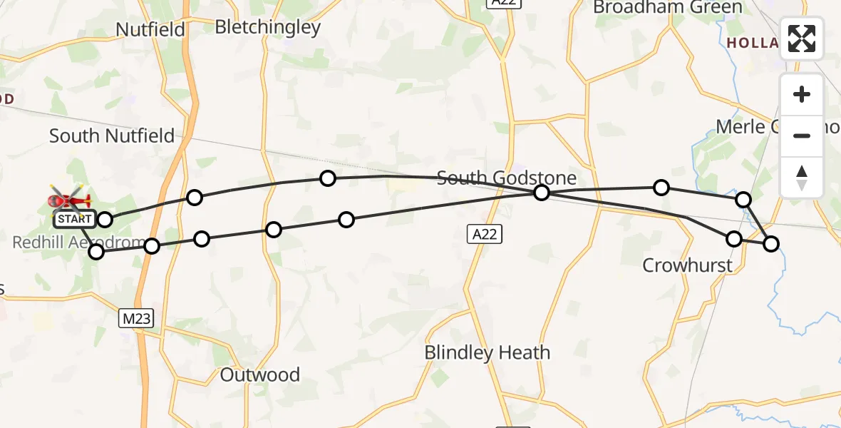 Flight route Air Ambulance Helicopter Redhill Aerodrome - Redhill Aerodrome, 13 October 2026, 13:23