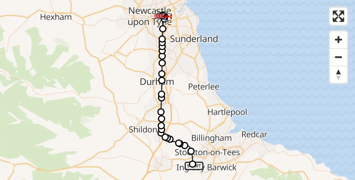 Flight route Air Ambulance Helicopter Egglescliffe - Walker, 13 October 2026, 13:27