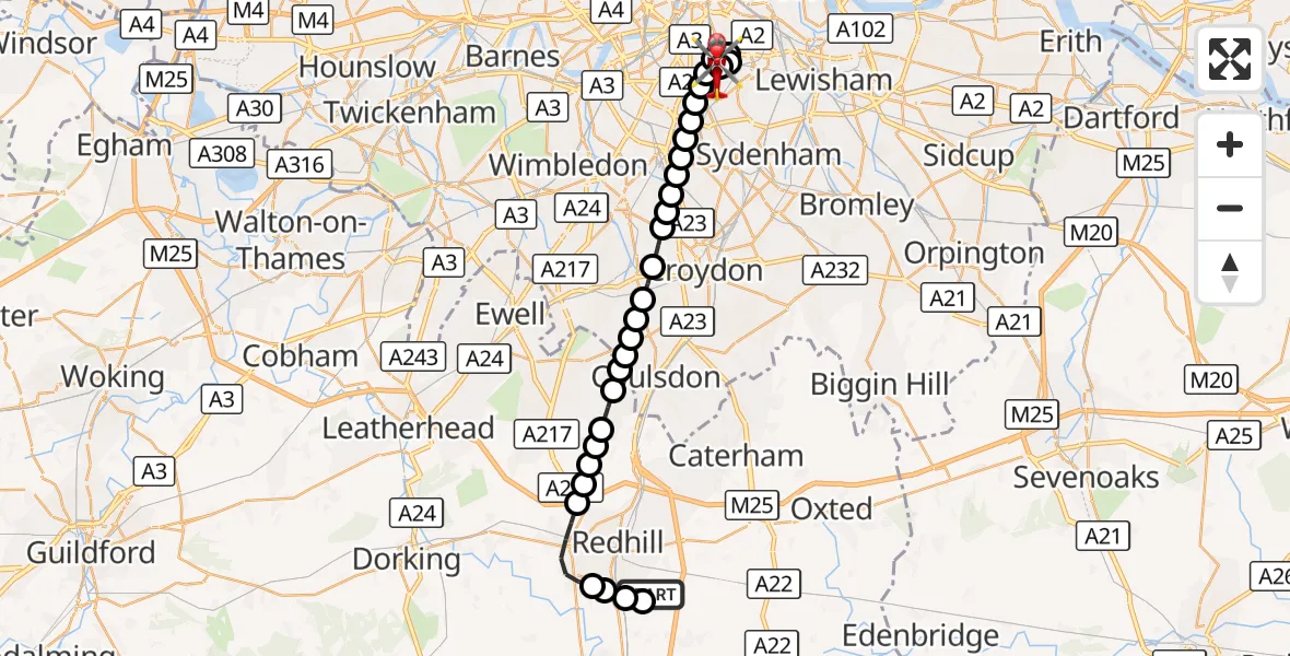 Flight route Air Ambulance Helicopter Redhill Aerodrome - Kings College London Hospital, 13 October 2026, 13:36