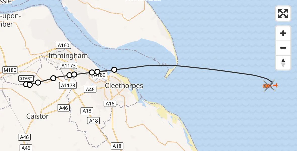 Flight route Coastguard Helicopter Humberside Airport - North Sea, 13 October 2026, 13:42