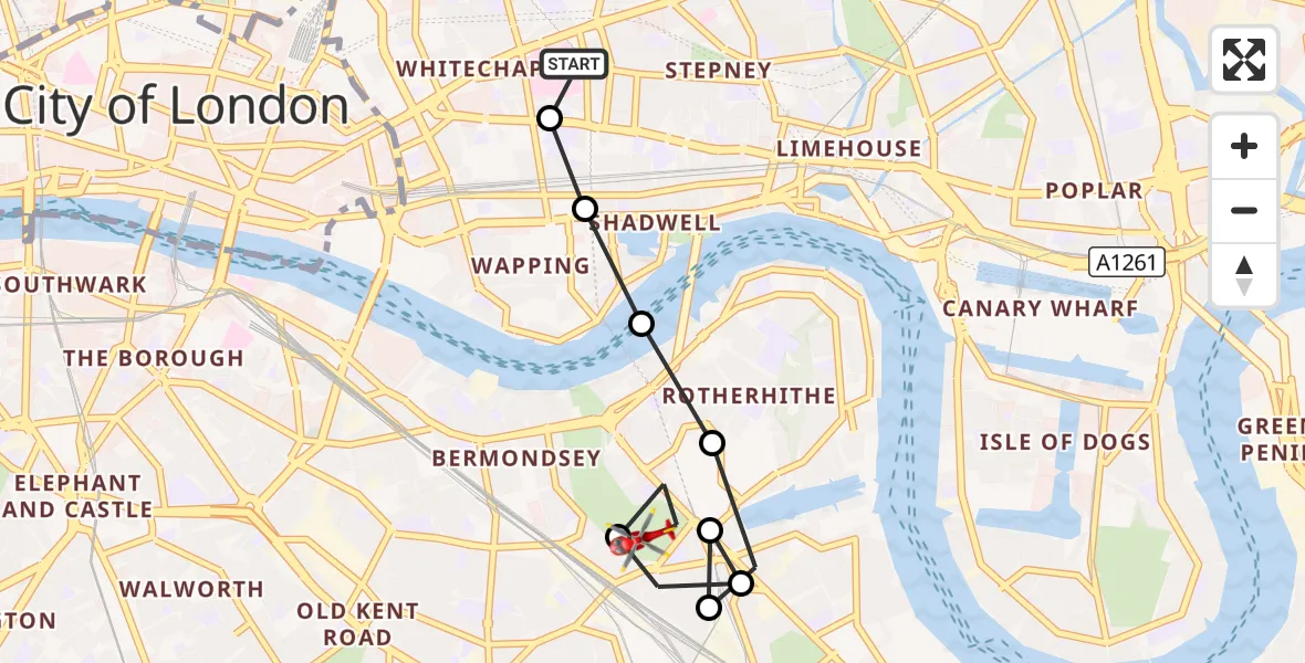 Flight route Air Ambulance Helicopter Royal London Hospital - Rotherhithe, 13 October 2026, 13:45