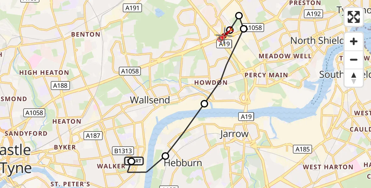 Flight route Air Ambulance Helicopter Walker - Wallsend, 13 October 2026, 13:46