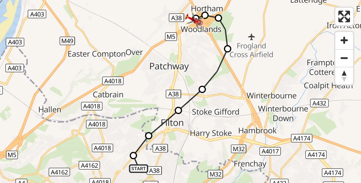 Flight route Air Ambulance Helicopter Southmead Hospital - Almondsbury Helicopter Base, 13 October 2026, 13:54