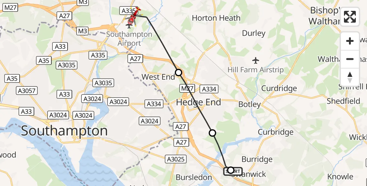 Flight route Air Ambulance Helicopter Swanwick - Southampton Airport, 13 October 2026, 13:56