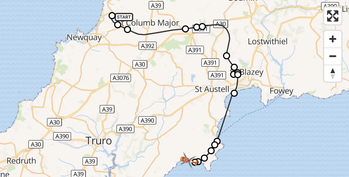 Flight route Coastguard Helicopter Cornwall Airport Newquay - St. Michael Caerhays, 13 October 2026, 13:59