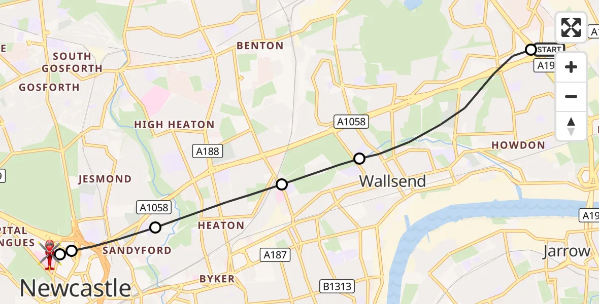 Flight route Air Ambulance Helicopter Wallsend - Newcastle Royal Victoria Infirmary, 13 October 2026, 14:11
