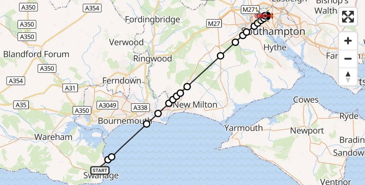 Flight route Air Ambulance Helicopter Swanage - University Hospital Southampton, 13 October 2026, 14:12