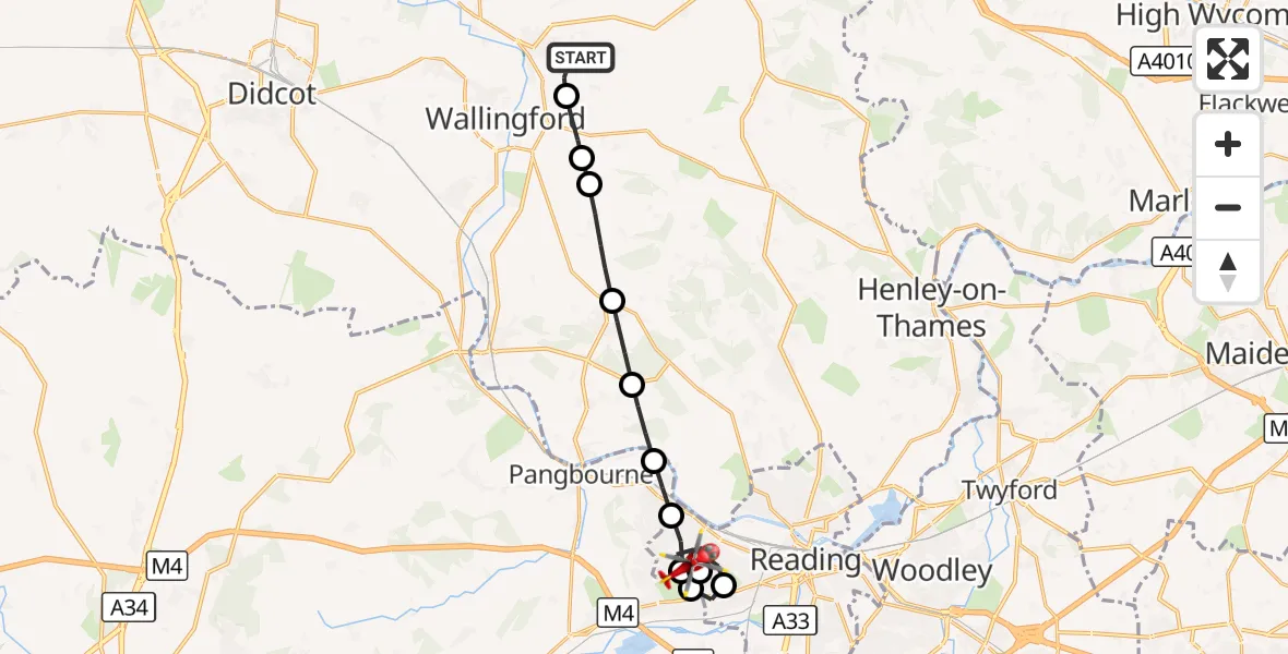 Flight route Air Ambulance Helicopter RAF Benson - Reading, 13 October 2026, 14:13