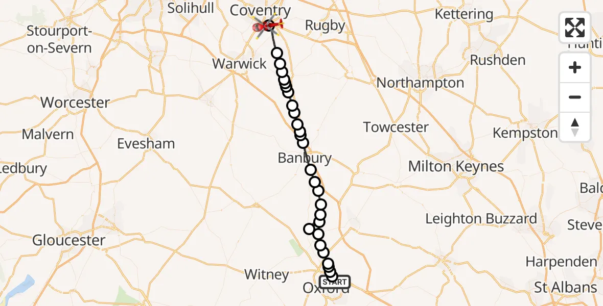 Flight route Air Ambulance Helicopter Oxford - Coventry Airport, 13 October 2026, 14:13