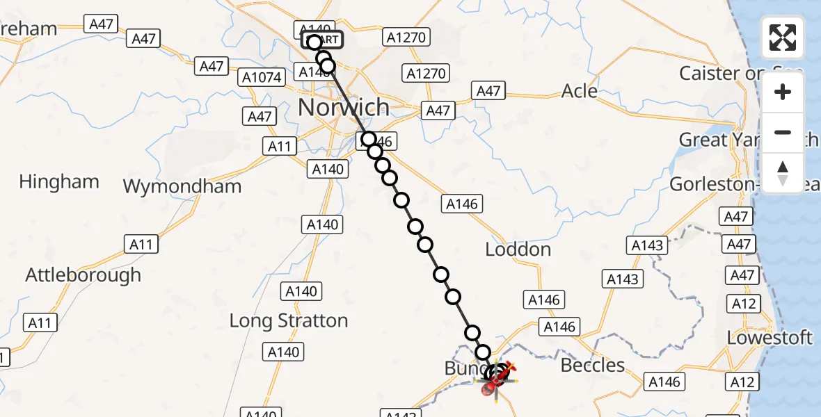 Flight route Air Ambulance Helicopter Norwich Airport - Bungay, 13 October 2026, 14:14