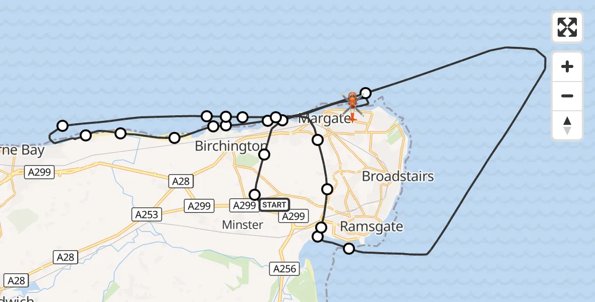 Flight route Coastguard Helicopter Manston Airport - Margate, 13 October 2026, 14:16