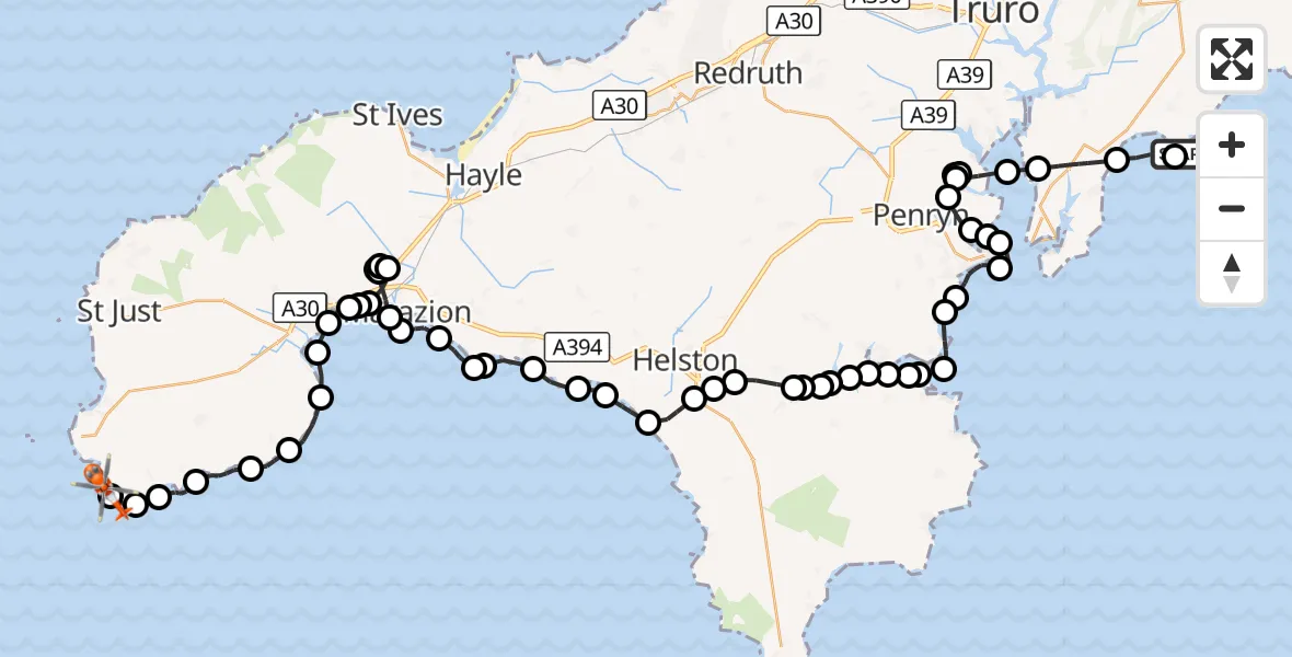 Flight route Coastguard Helicopter Veryan - St. Levan, 13 October 2026, 14:21