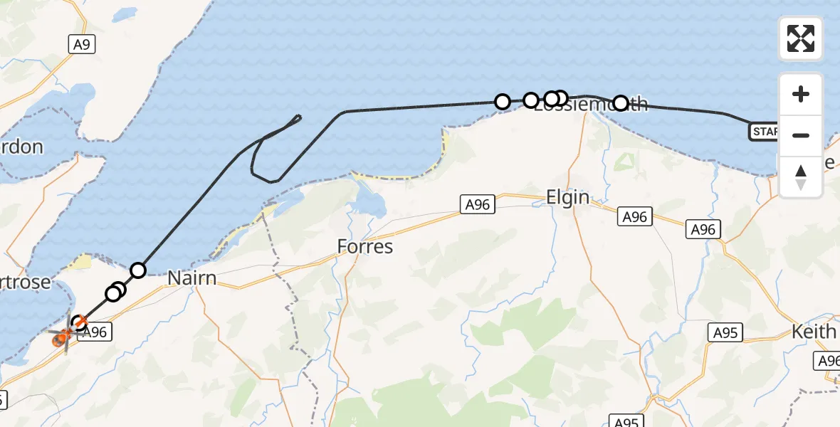 Flight route Coastguard Helicopter North Sea - Inverness Airport, 13 October 2026, 14:23