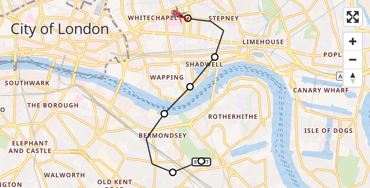 Flight route Air Ambulance Helicopter Bermondsey - Royal London Hospital, 13 October 2026, 14:24