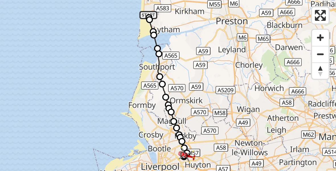 Flight route Air Ambulance Helicopter Blackpool Airport - Dovecot, 13 October 2026, 14:25
