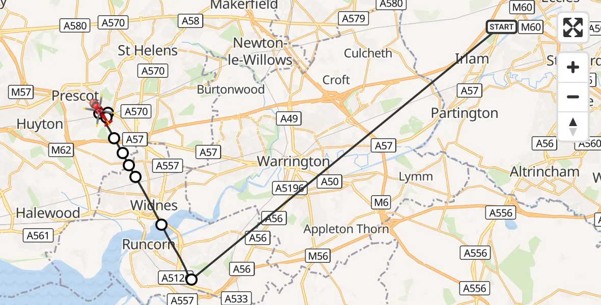 Flight route Air Ambulance Helicopter Manchester Barton Aerodrome - Whiston, 13 October 2026, 14:26